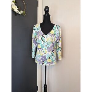CDP & Co. Floral Lightweight Tight Knit 3/4 Sleeve Sweater‎ with Sequins - M